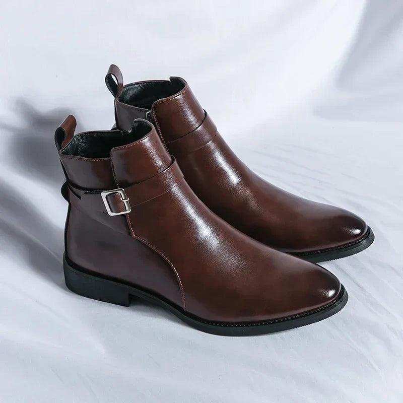 Men's Dress Synthetic Ankle Boots | Side Zipper & Buckle Strap