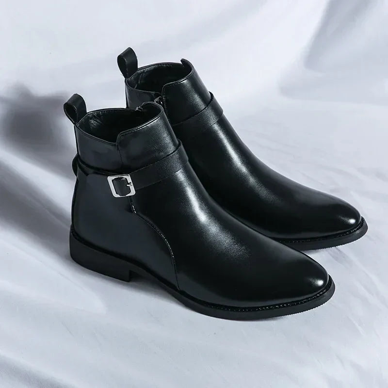 Men's Dress Synthetic Ankle Boots | Side Zipper & Buckle Strap