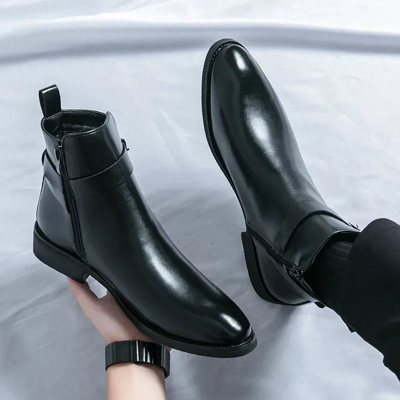 Men's Dress Synthetic Ankle Boots | Side Zipper & Buckle Strap