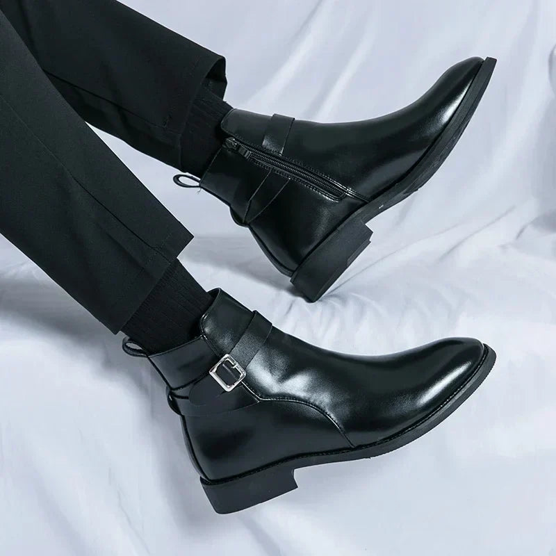 Men's Dress Synthetic Ankle Boots | Side Zipper & Buckle Strap