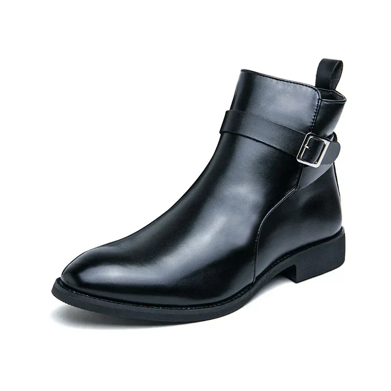 Men's Dress Synthetic Ankle Boots | Side Zipper & Buckle Strap
