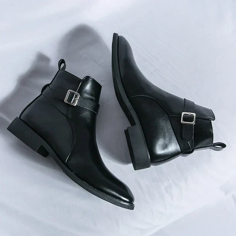 Men's Dress Synthetic Ankle Boots | Side Zipper & Buckle Strap