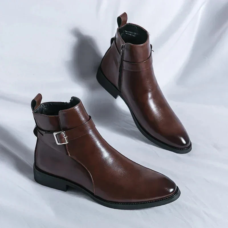 Men's Dress Synthetic Ankle Boots | Side Zipper & Buckle Strap