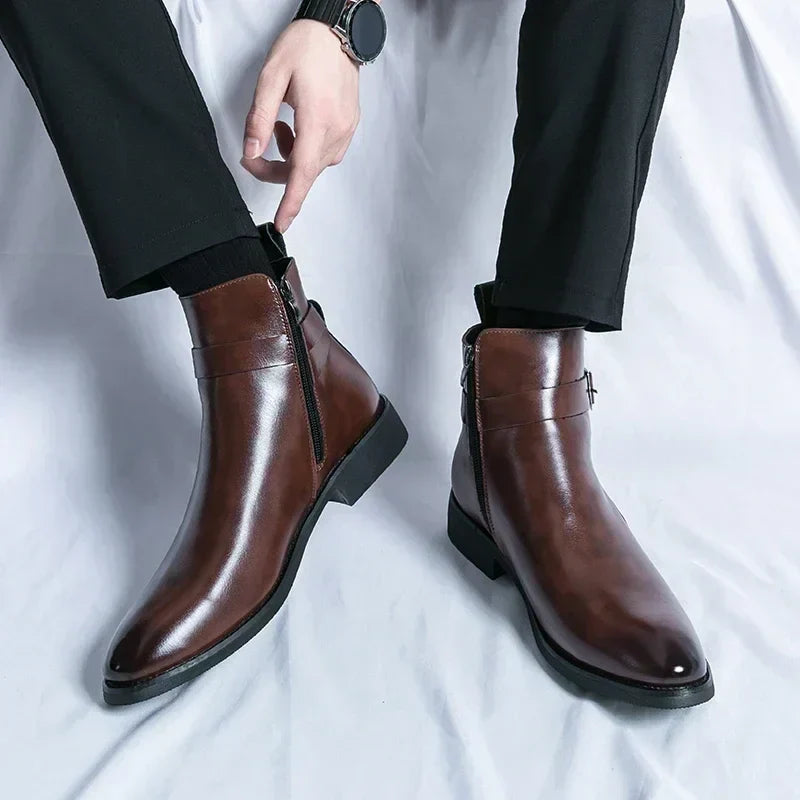 Men's Dress Synthetic Ankle Boots | Side Zipper & Buckle Strap