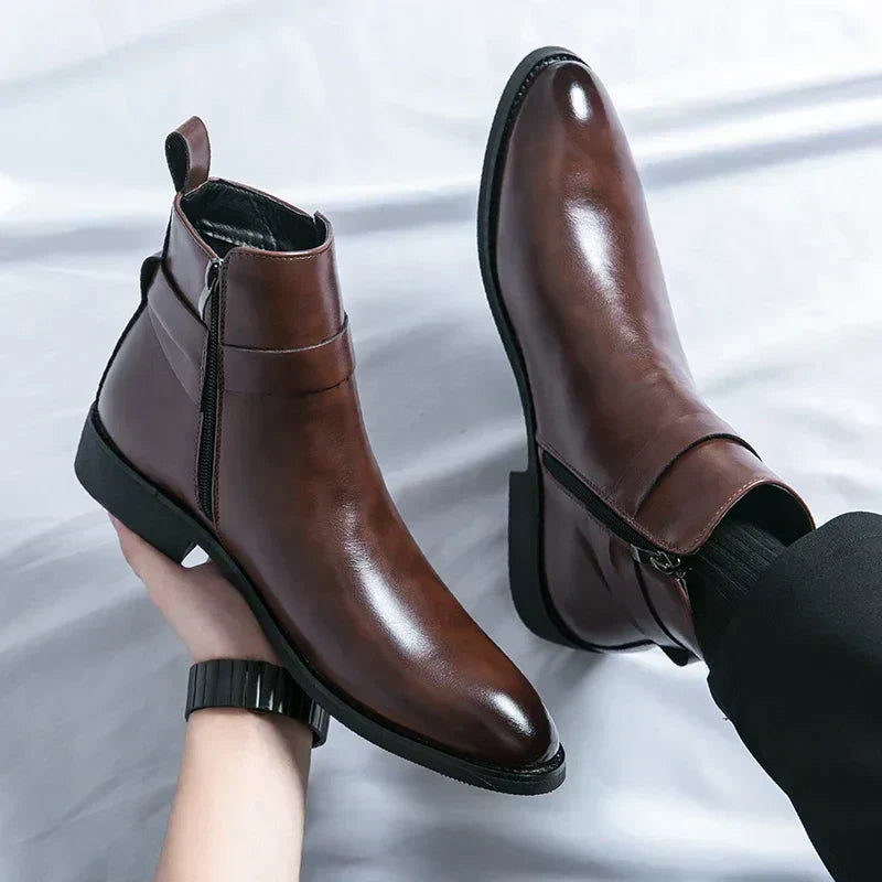 Men's Dress Synthetic Ankle Boots | Side Zipper & Buckle Strap