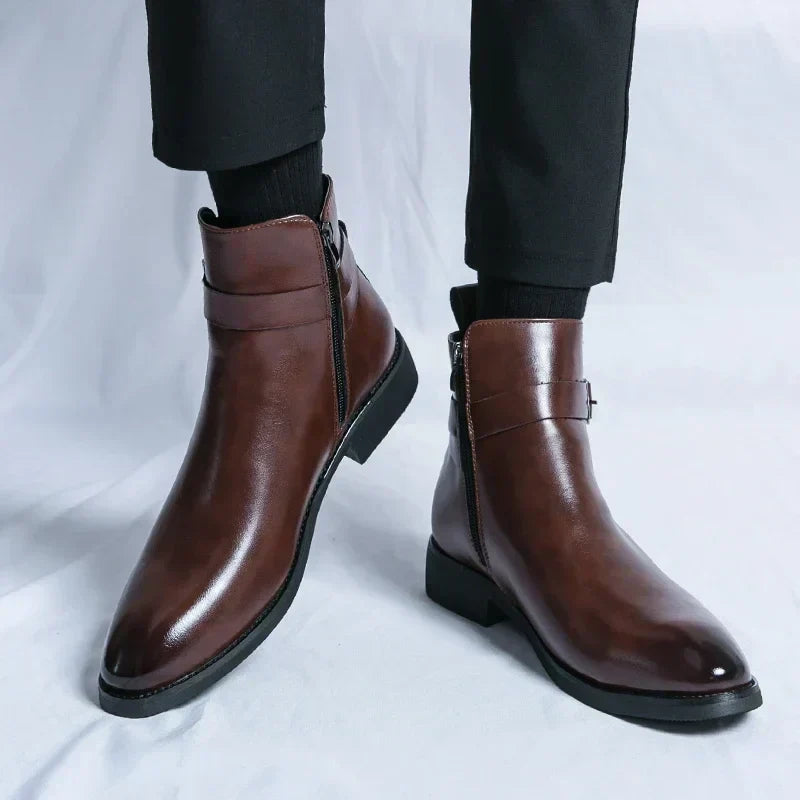 Men's Dress Synthetic Ankle Boots | Side Zipper & Buckle Strap