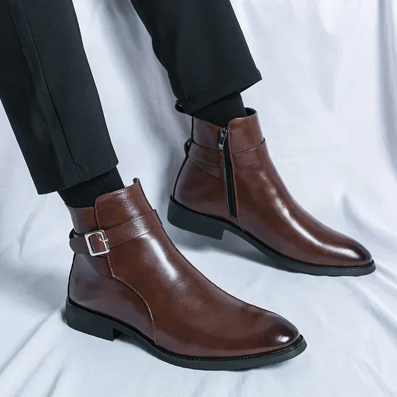 Men's Dress Synthetic Ankle Boots | Side Zipper & Buckle Strap