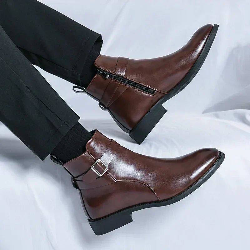 Men's Dress Synthetic Ankle Boots | Side Zipper & Buckle Strap