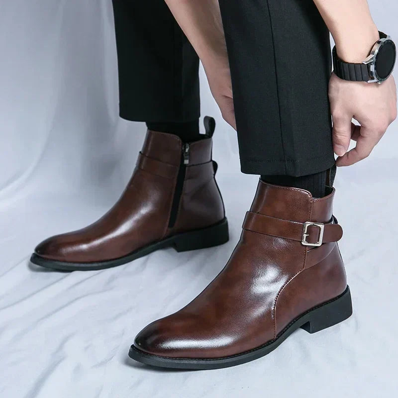 Men's Dress Synthetic Ankle Boots | Side Zipper & Buckle Strap