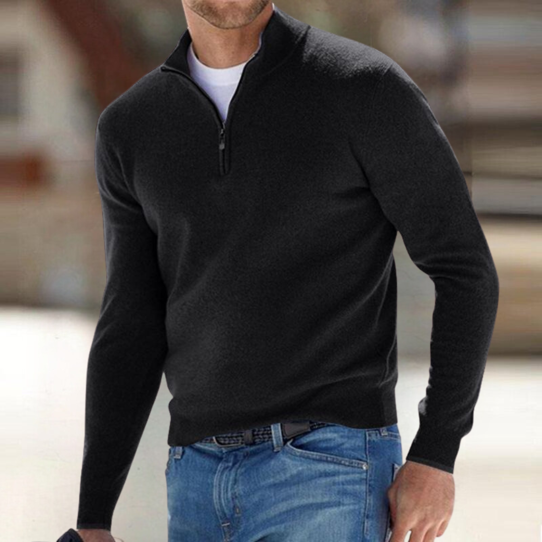 Men's Fine Knit Sweater | Quarter Zip & Stand Collar