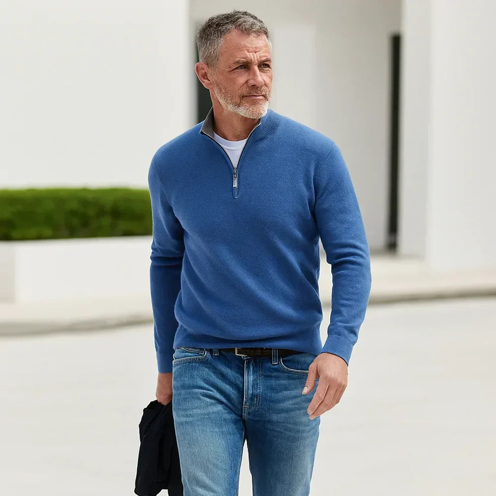 Men's Fine Knit Sweater | Quarter Zip & Stand Collar