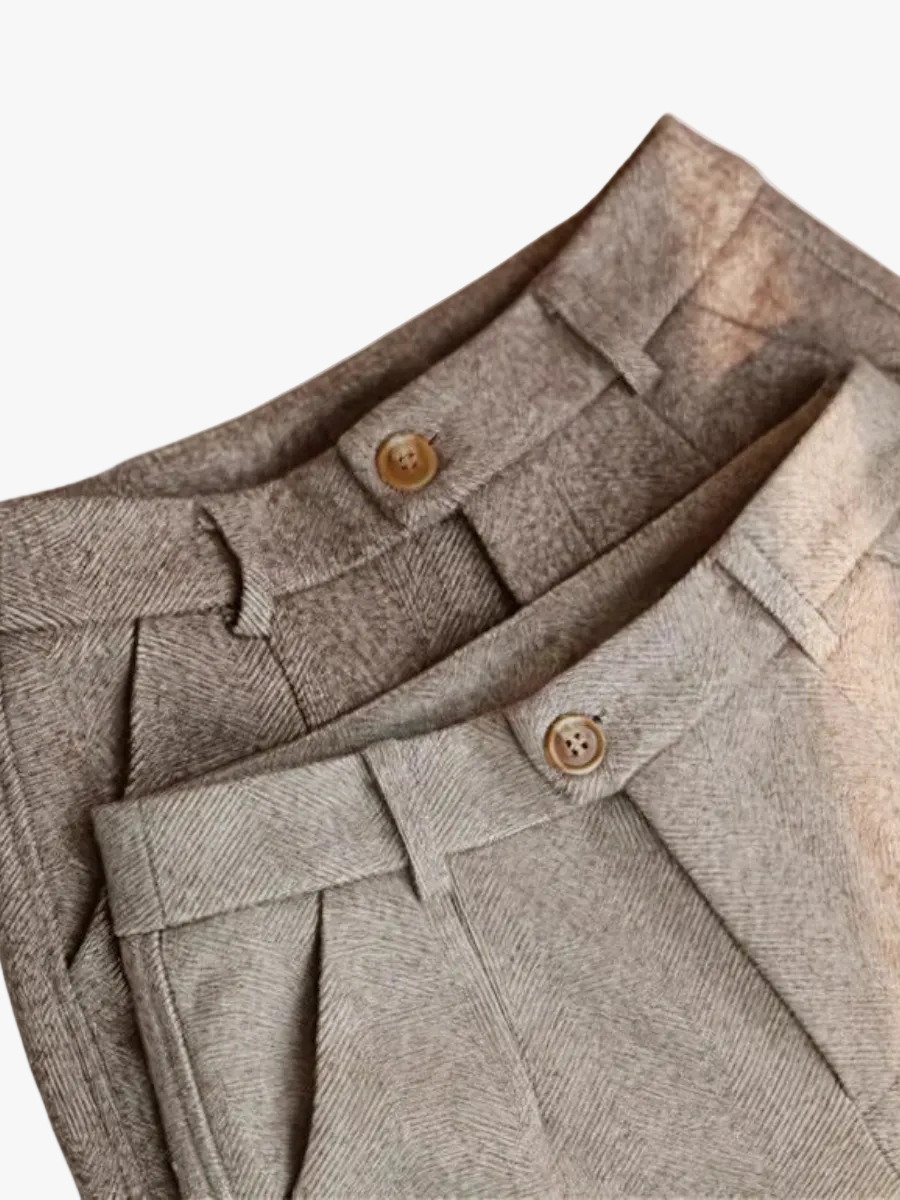 Men's Herringbone Dress Pants | Front Pleats & Button-Tab Cuffs
