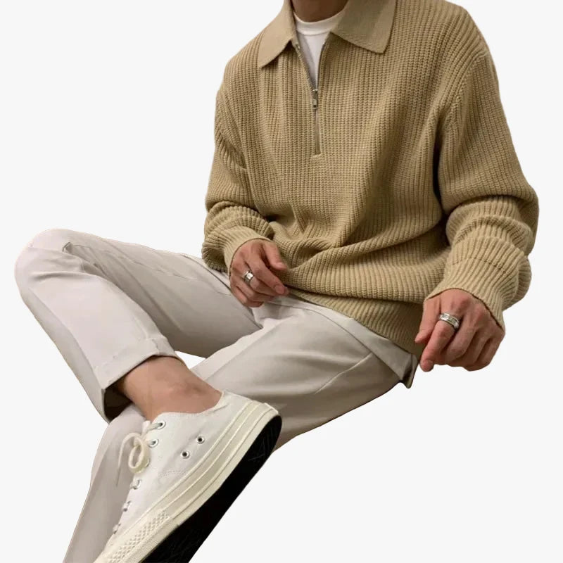 Men's Jacquard Knit Sweater | Quarter Zip & Spread Collar