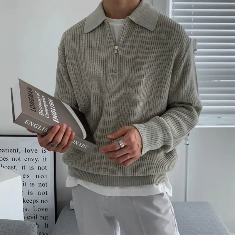 Men's Jacquard Knit Sweater | Quarter Zip & Spread Collar