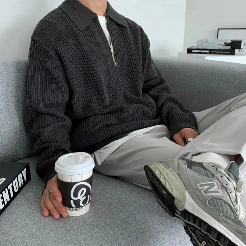 Men's Jacquard Knit Sweater | Quarter Zip & Spread Collar