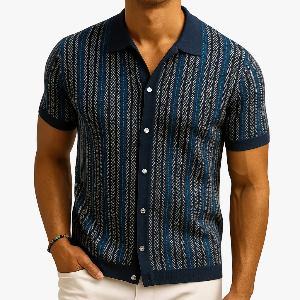 Men's Knit Button-Front Shirt | Herringbone Pattern & Collar