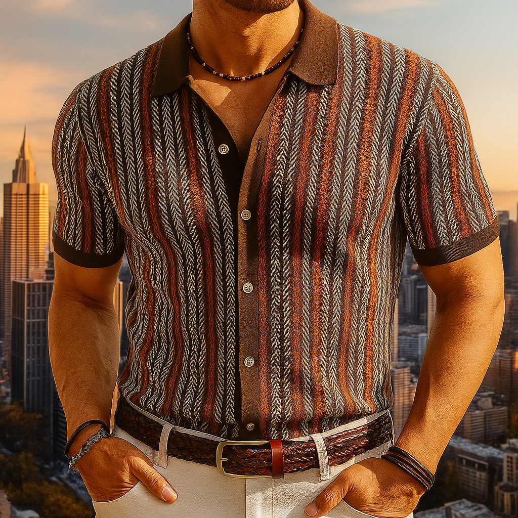Men's Knit Button-Front Shirt | Herringbone Pattern & Collar