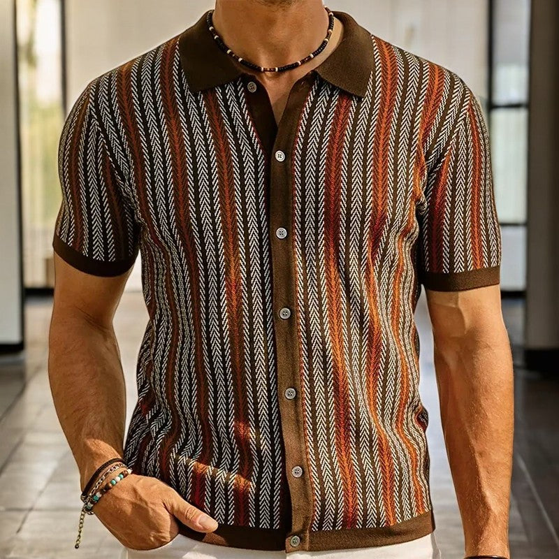 Men's Knit Button-Front Shirt | Herringbone Pattern & Collar