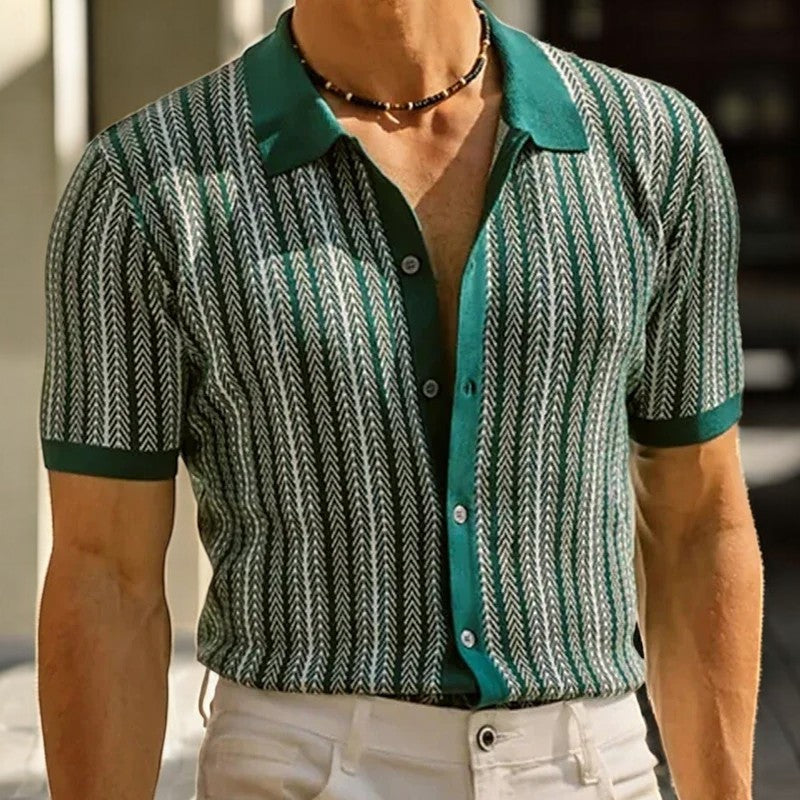 Men's Knit Button-Front Shirt | Herringbone Pattern & Collar