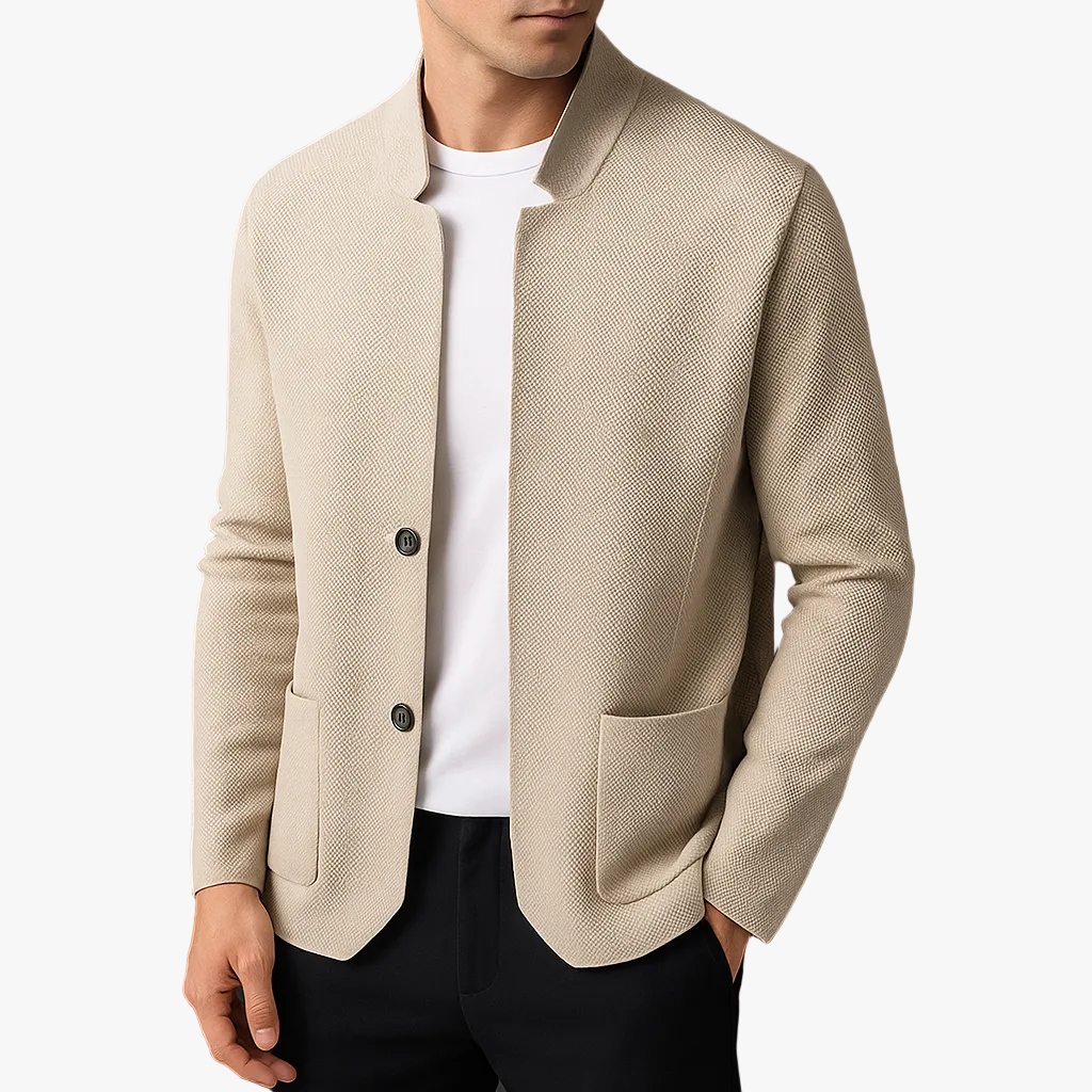 Men's Knit Cardigan | Stand Collar & Patch Pockets