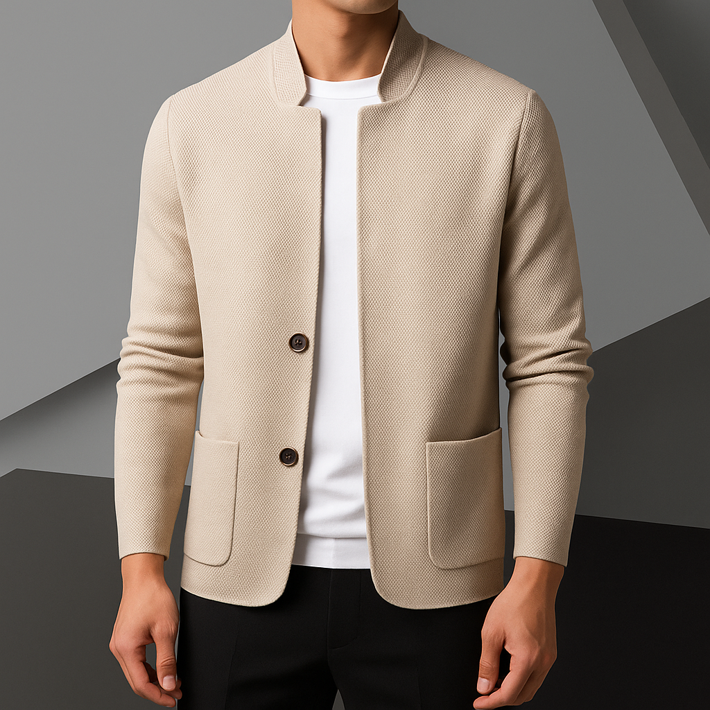 Men's Knit Cardigan | Stand Collar & Patch Pockets