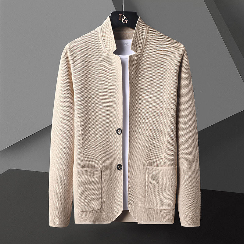 Men's Knit Cardigan | Stand Collar & Patch Pockets