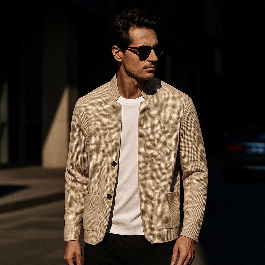 Men's Knit Cardigan | Stand Collar & Patch Pockets