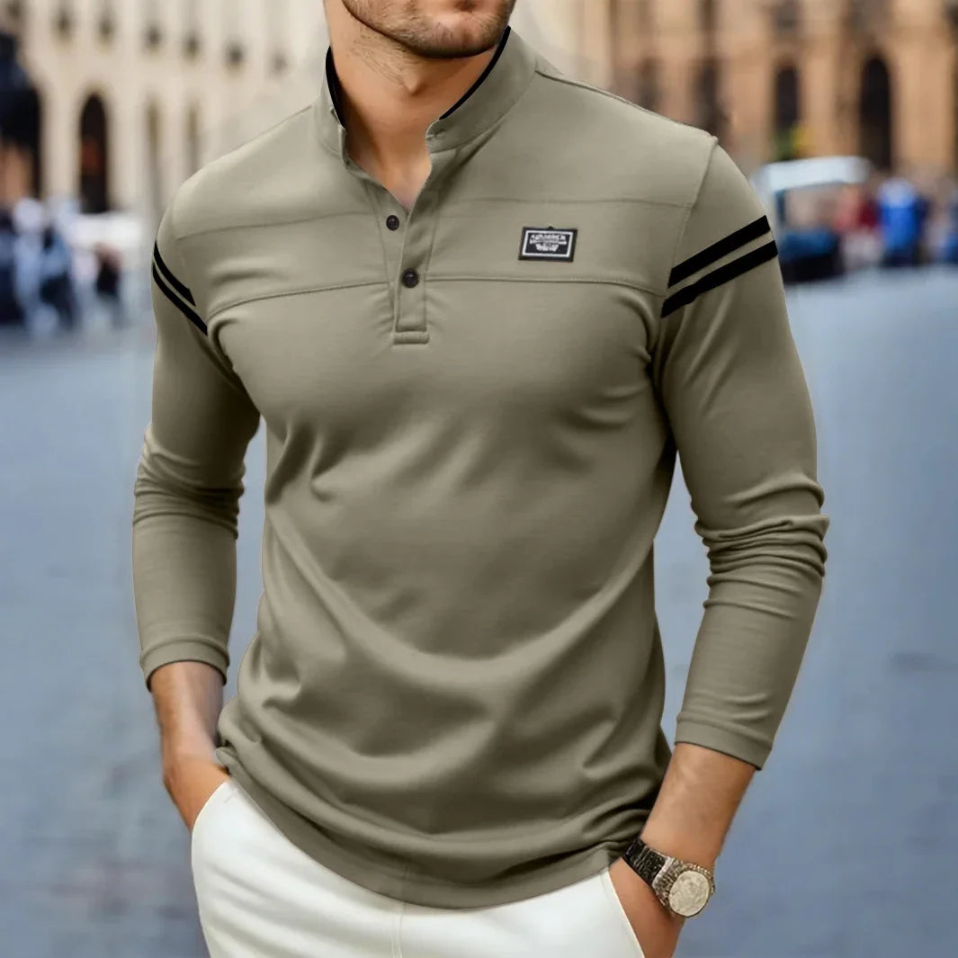 Men's Knit Henley T-Shirt | Button Placket & Sleeve Stripes