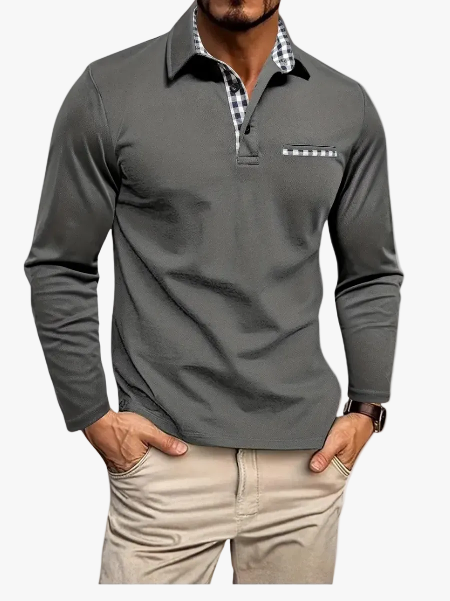 Men's Knit Polo Shirt | Button Placket & Plaid Trim