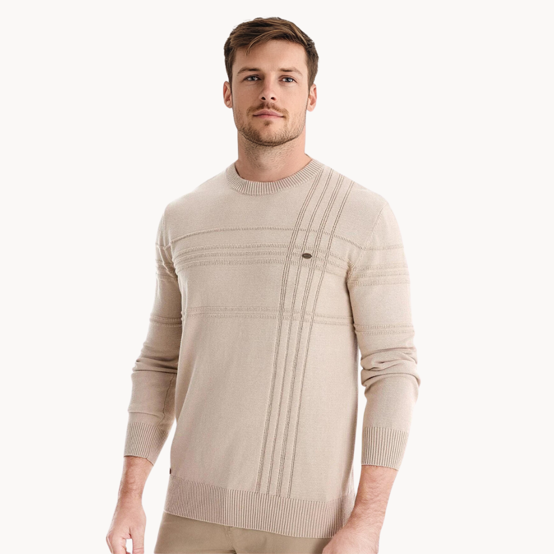 Men's Knit Sweater | Crew Neck & Raised Plaid Lines
