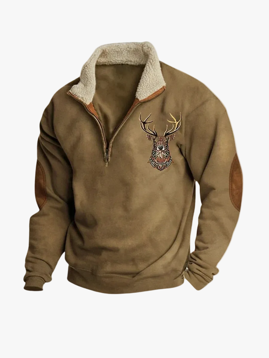 Men's Knit Sweater | Half-Zip Stand Collar & Elk Graphic