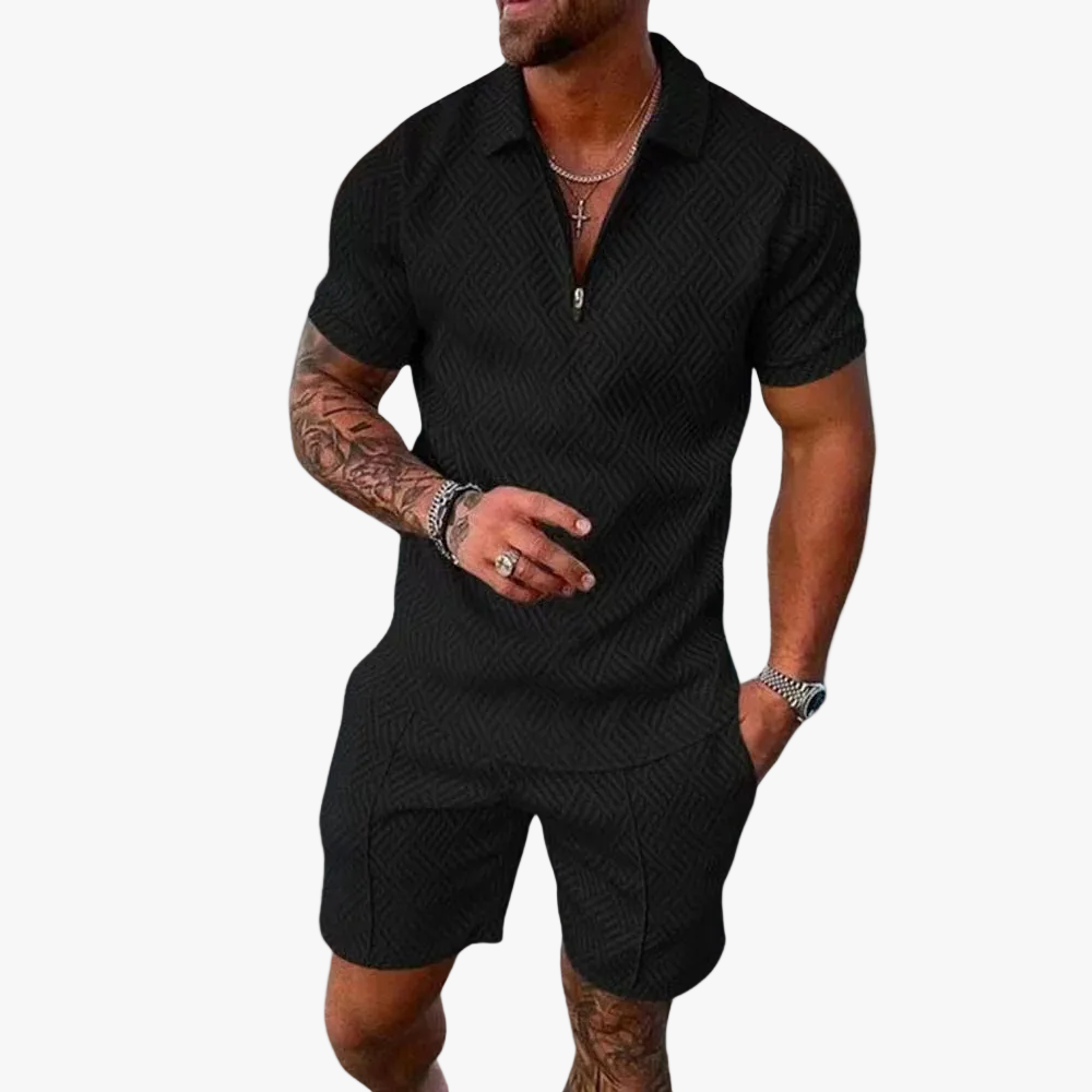 Men's Knit Short Set | Zip Polo & Geometric Pattern