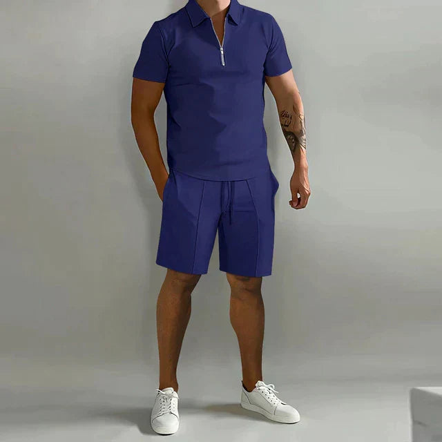 Men's Knit Two-Piece Set | Zip Polo & Drawstring Shorts