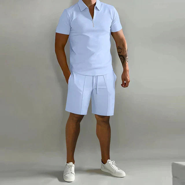 Men's Knit Two-Piece Set | Zip Polo & Drawstring Shorts