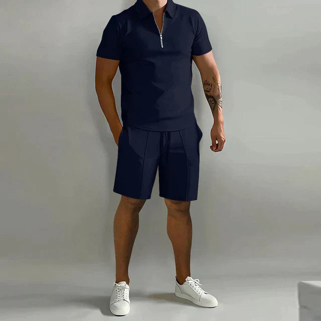 Men's Knit Two-Piece Set | Zip Polo & Drawstring Shorts