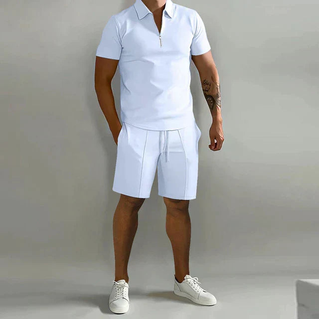 Men's Knit Two-Piece Set | Zip Polo & Drawstring Shorts