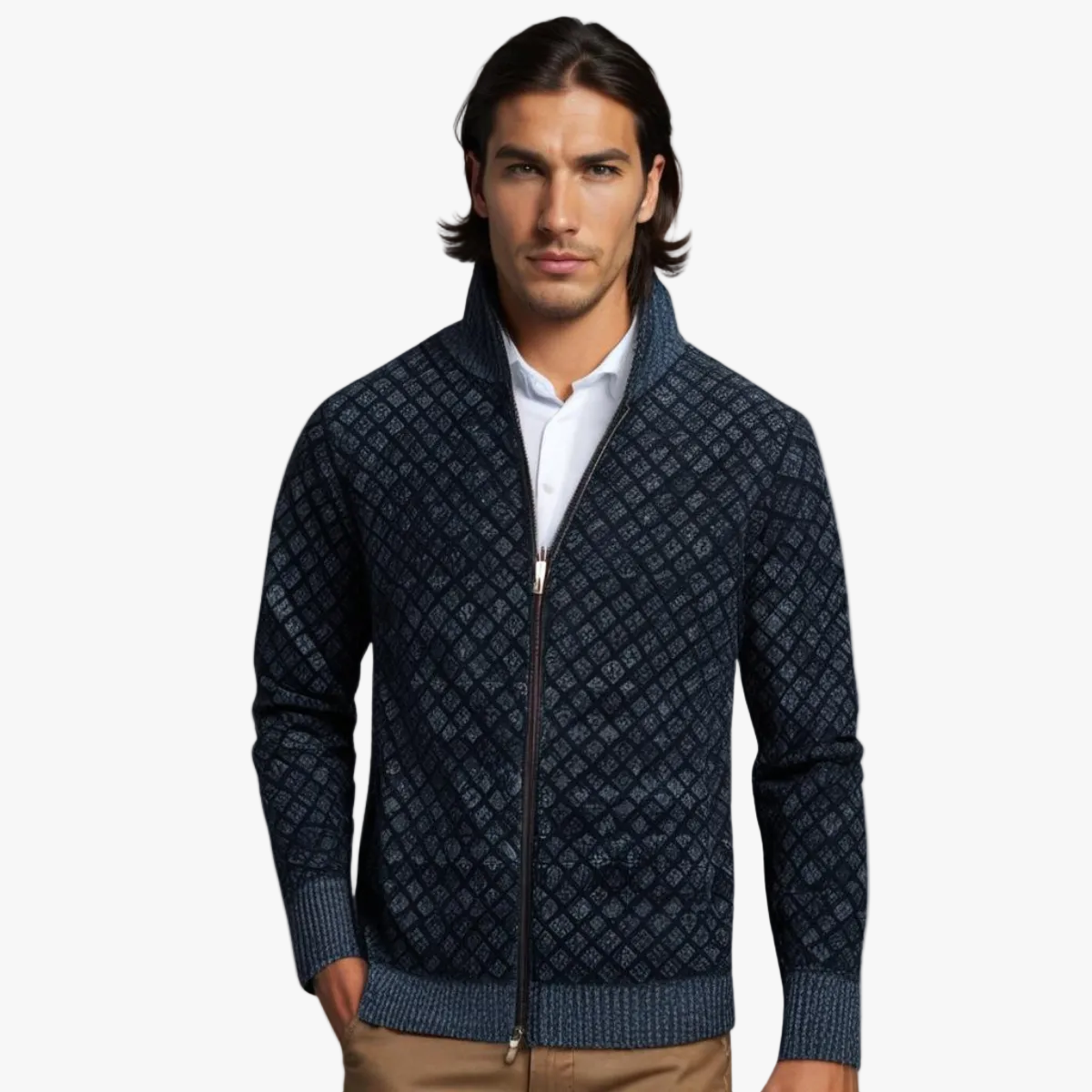Men's Knit Zip-Up Sweater | Stand Collar & Pockets