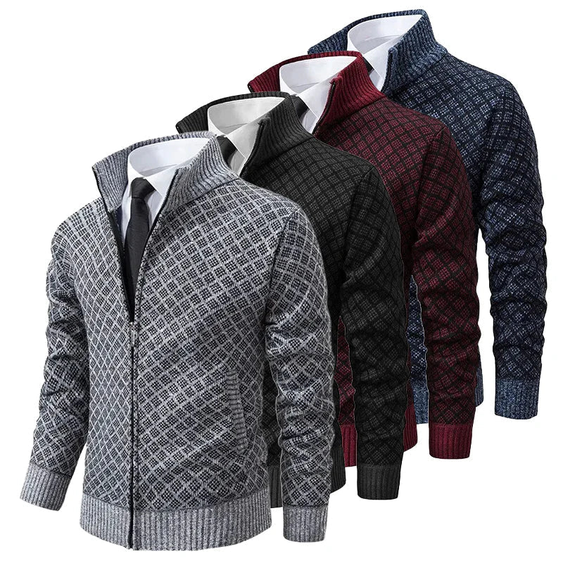Men's Knit Zip-Up Sweater | Stand Collar & Pockets
