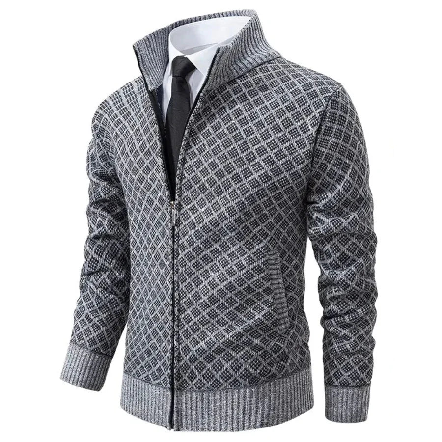 Men's Knit Zip-Up Sweater | Stand Collar & Pockets
