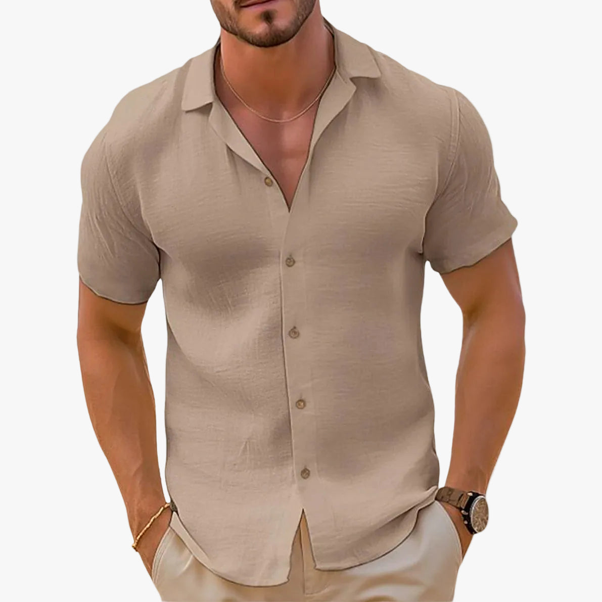 Men's Linen-Blend Shirt | Button Placket & Spread Collar