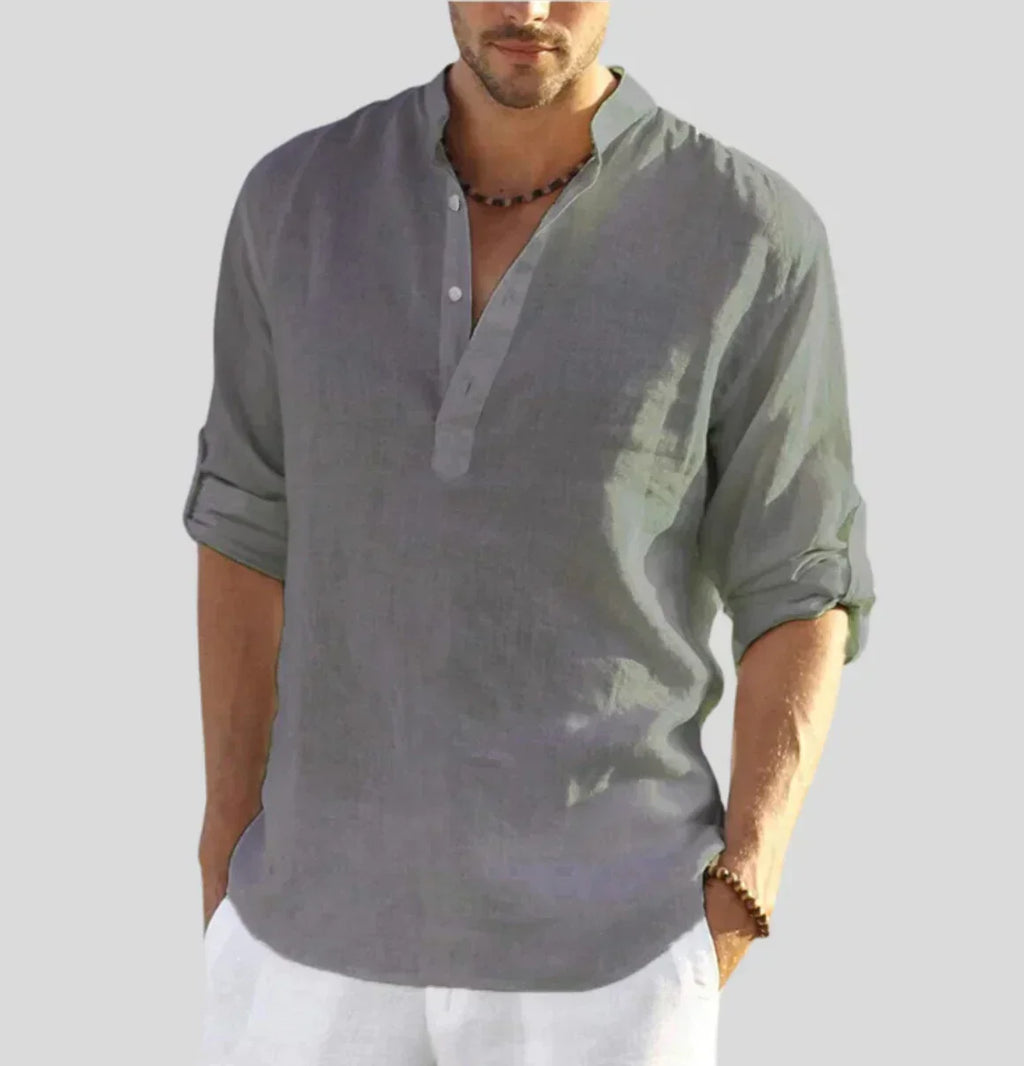 Men's Linen Shirt | Band Collar & Half Placket