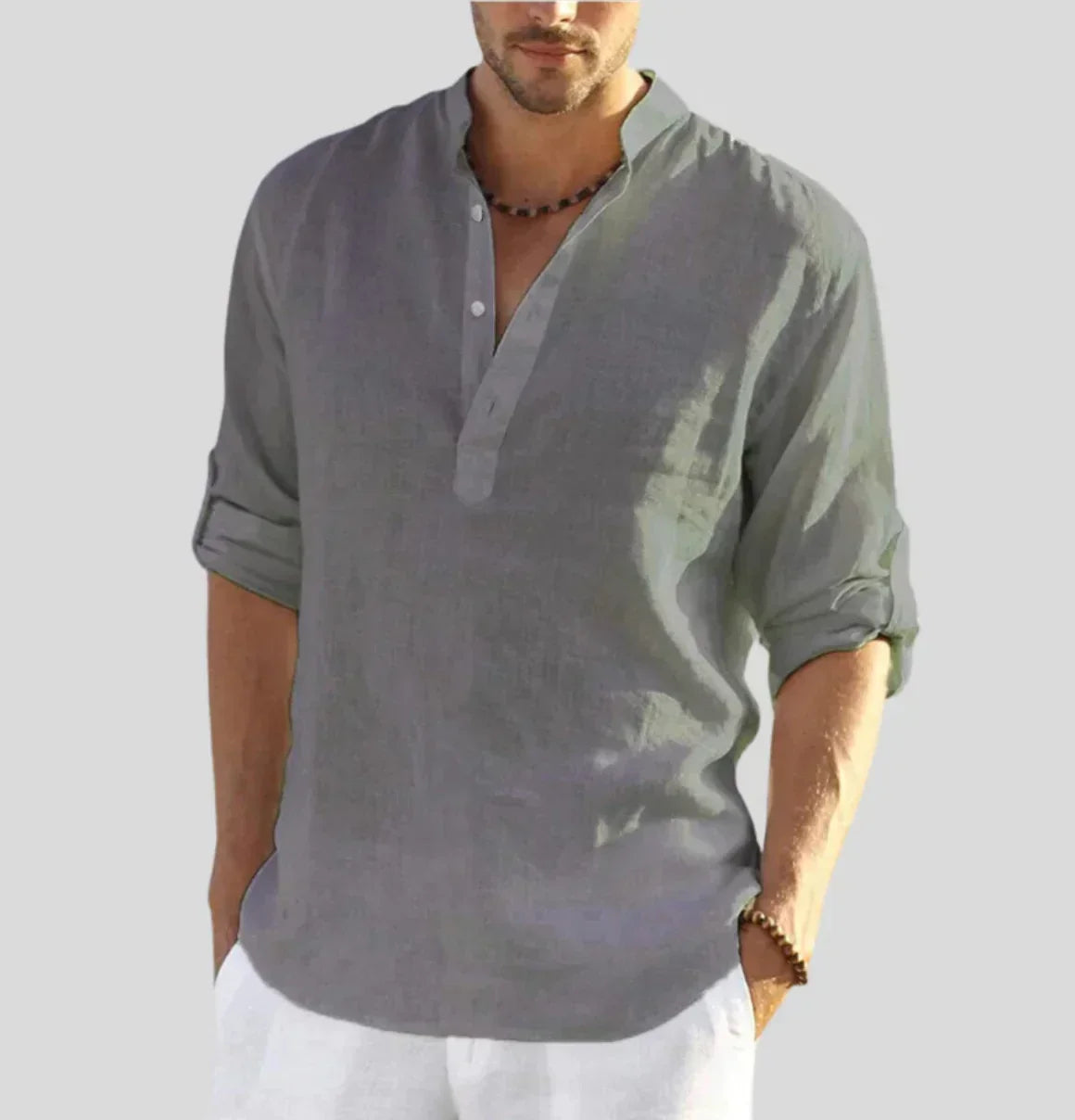 Men's Linen Shirt | Band Collar & Half Placket