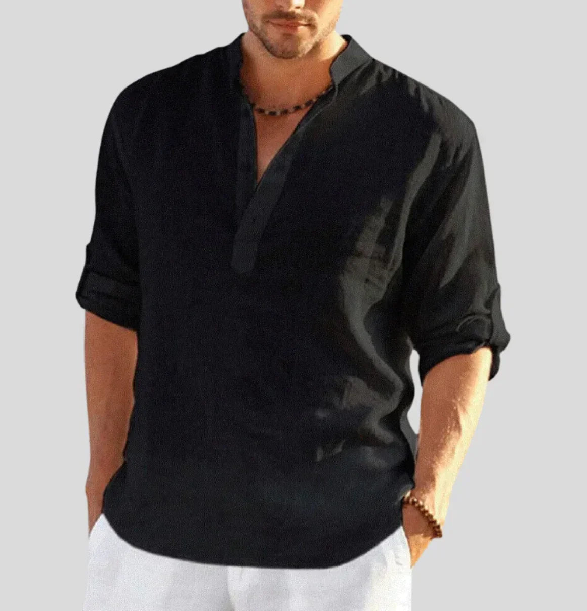 Men's Linen Shirt | Band Collar & Half Placket