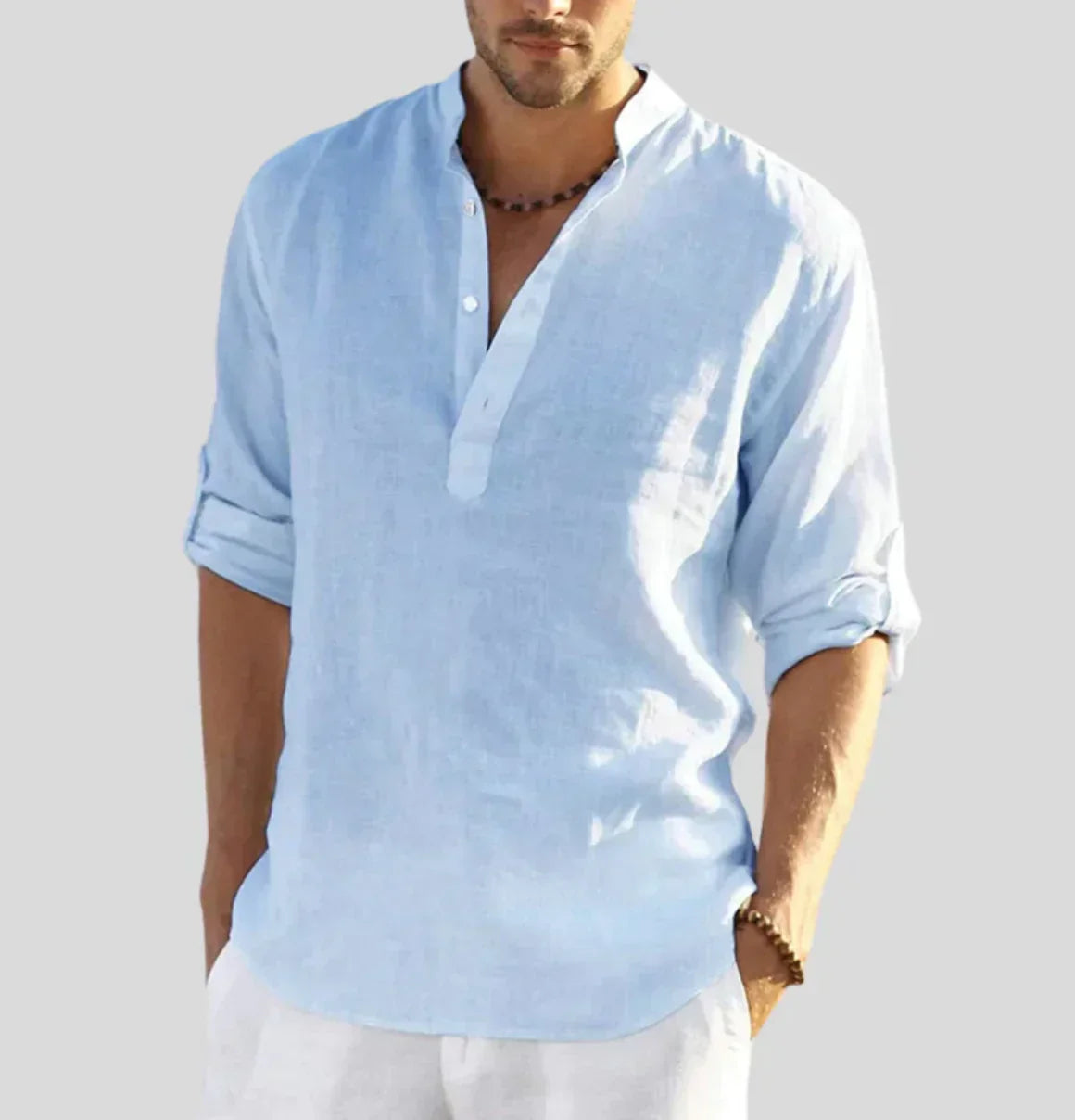 Men's Linen Shirt | Band Collar & Half Placket