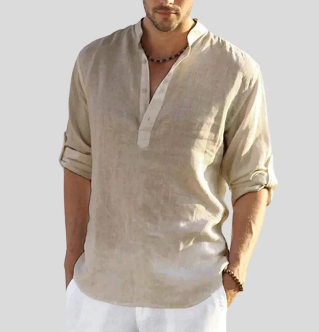 Men's Linen Shirt | Band Collar & Half Placket