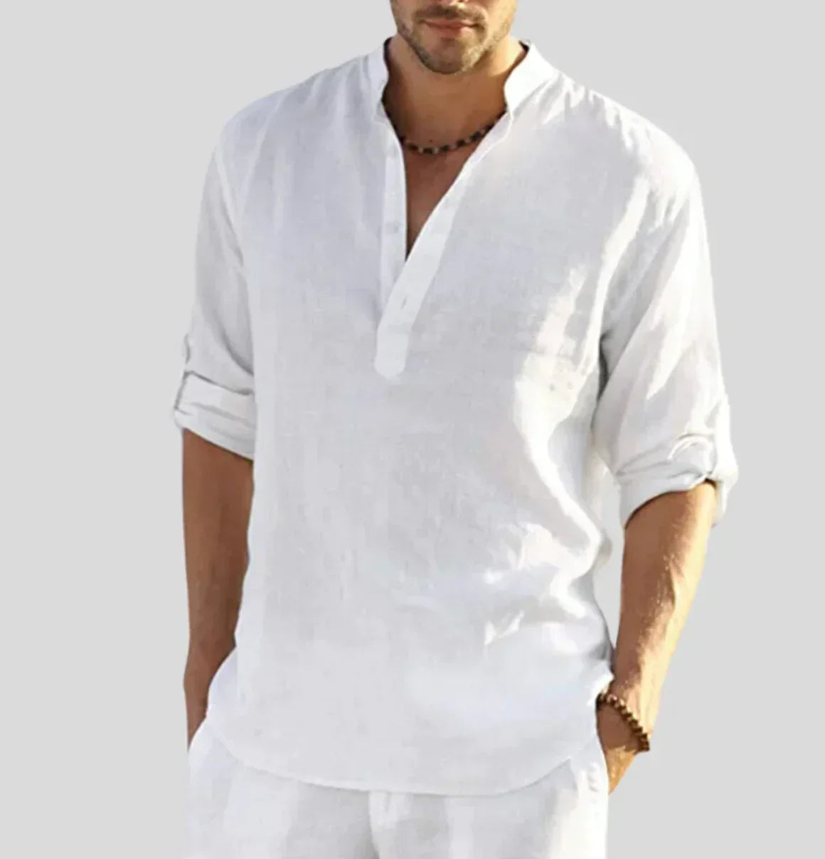 Men's Linen Shirt | Band Collar & Half Placket