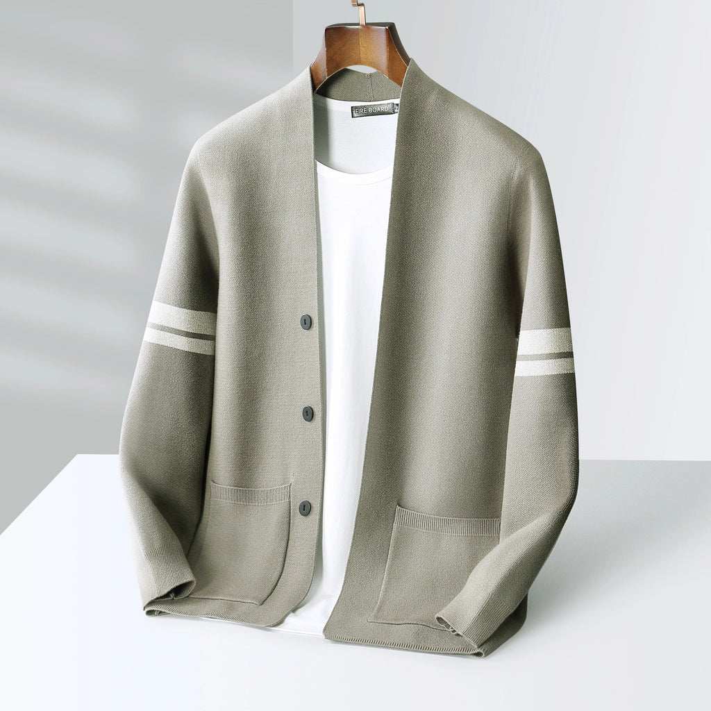 Men's Merino Blend Cardigan | Sleeve Stripes & Patch Pockets