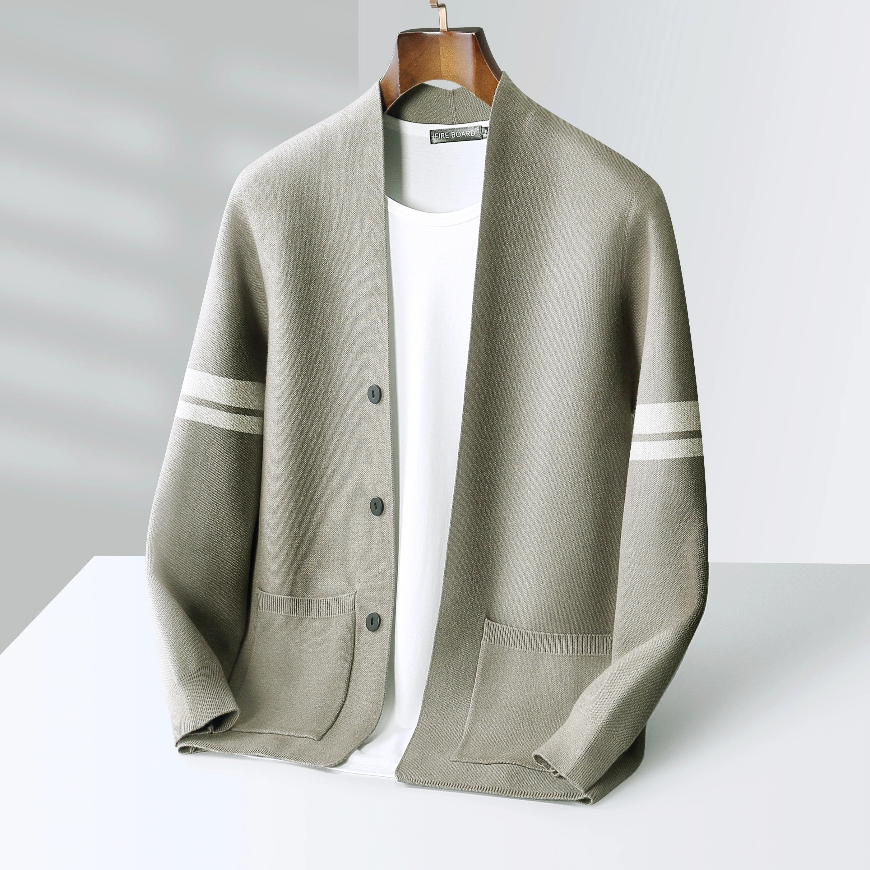 Men's Merino Blend Cardigan | Sleeve Stripes & Patch Pockets