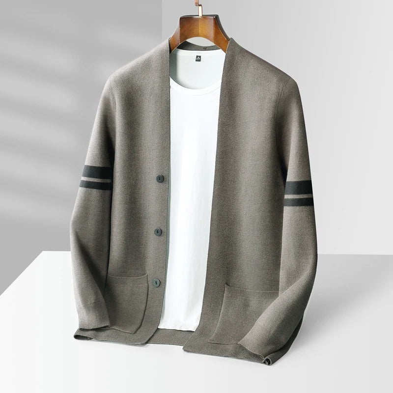 Men's Merino Blend Cardigan | Sleeve Stripes & Patch Pockets