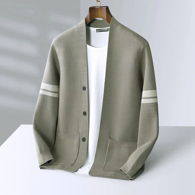 Men's Merino Blend Cardigan | Sleeve Stripes & Patch Pockets